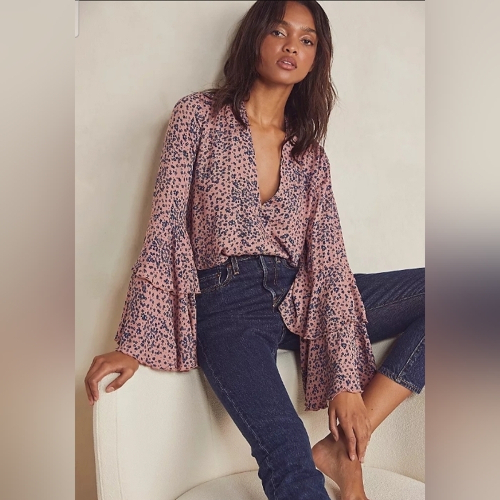 Free People Pink Floral Bell-Sleeve Blouse